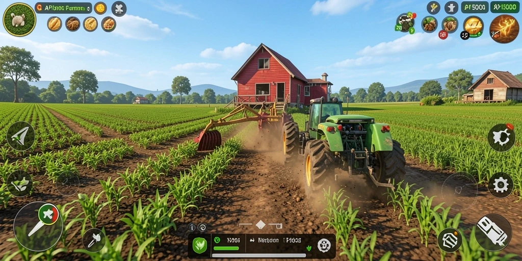 Tampilan gameplay API5000 dengan berbagai tanaman dan ladang hijau.