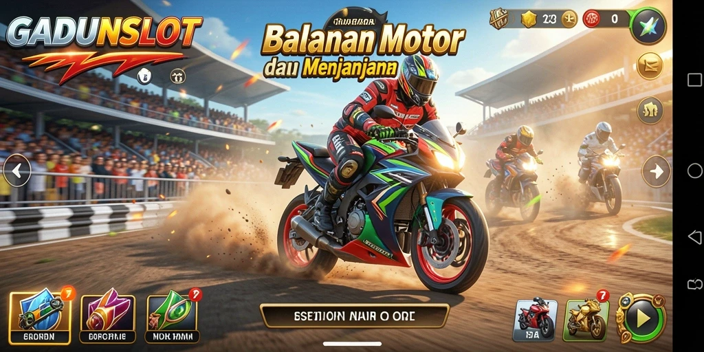 Screenshot GADUNSLOT menampilkan balapan motor yang mendebarkan.
