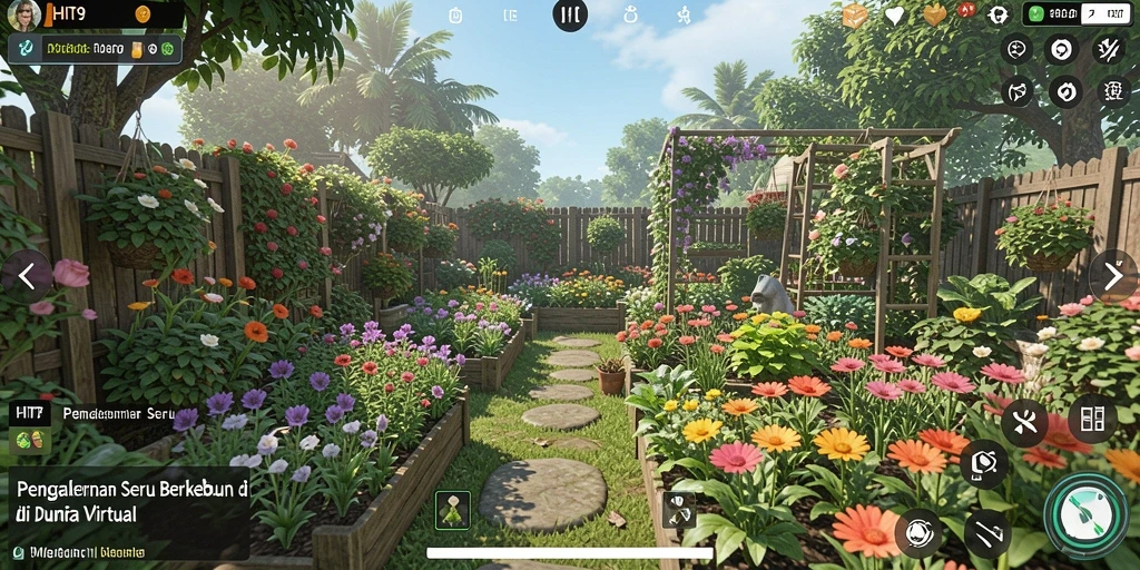 Tampilan gameplay HIT9 dengan warna cerah dan aktivitas berkebun.