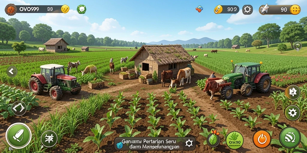 Screenshot permainan OVO99 dengan tampilan ladang pertanian yang indah.